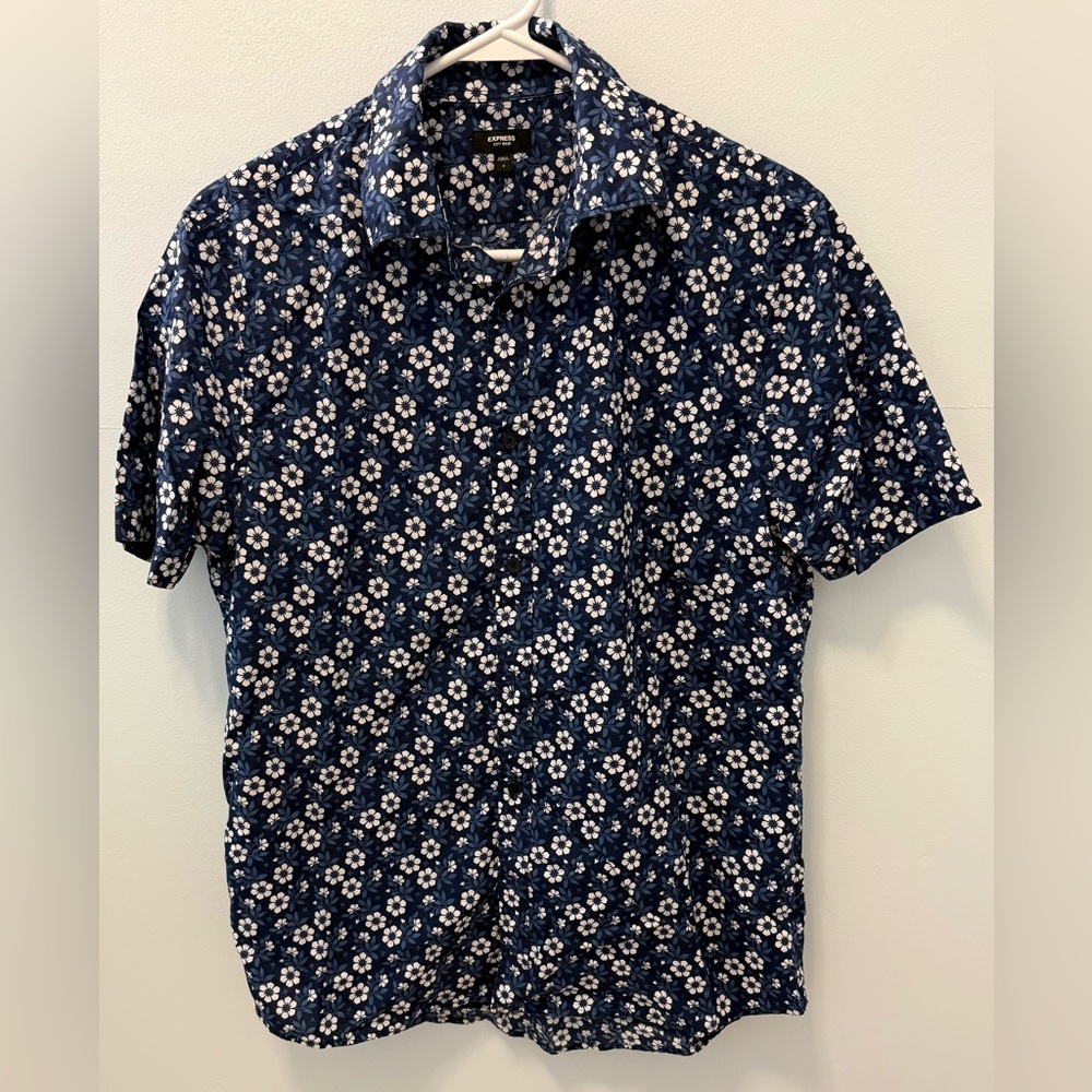 Express Blue and White Casual Button Down Shirt